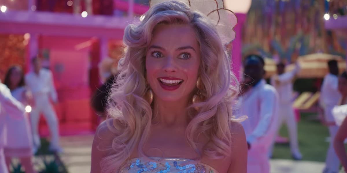 A close up of Margot Robbie as Barbie