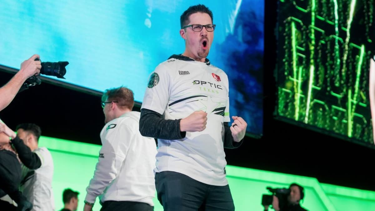 Rambo Ray celebrating on stage with OpTic Texas winning LAN match