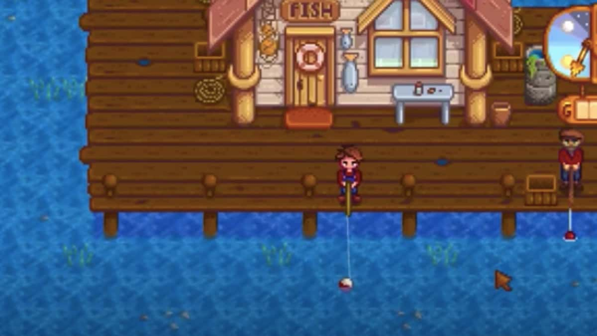 A screenshot of a character fishing in Stardew Valley.