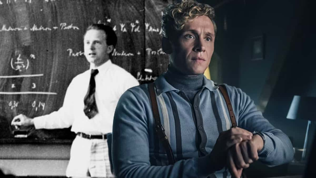 Werner Heisenberg in real life and Matthias Matthias Schweighöfer who plays him in Oppenheimer