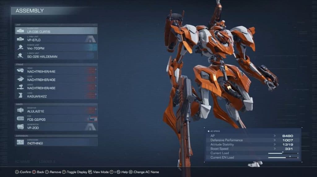 Armored Core 6 Garage Menu