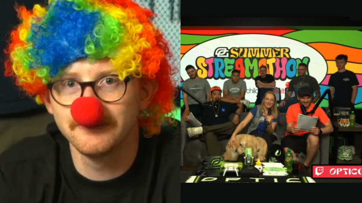 Scump dressed up as a clown and OptTic gaming livestreaming the OpTic Streamathon stream.