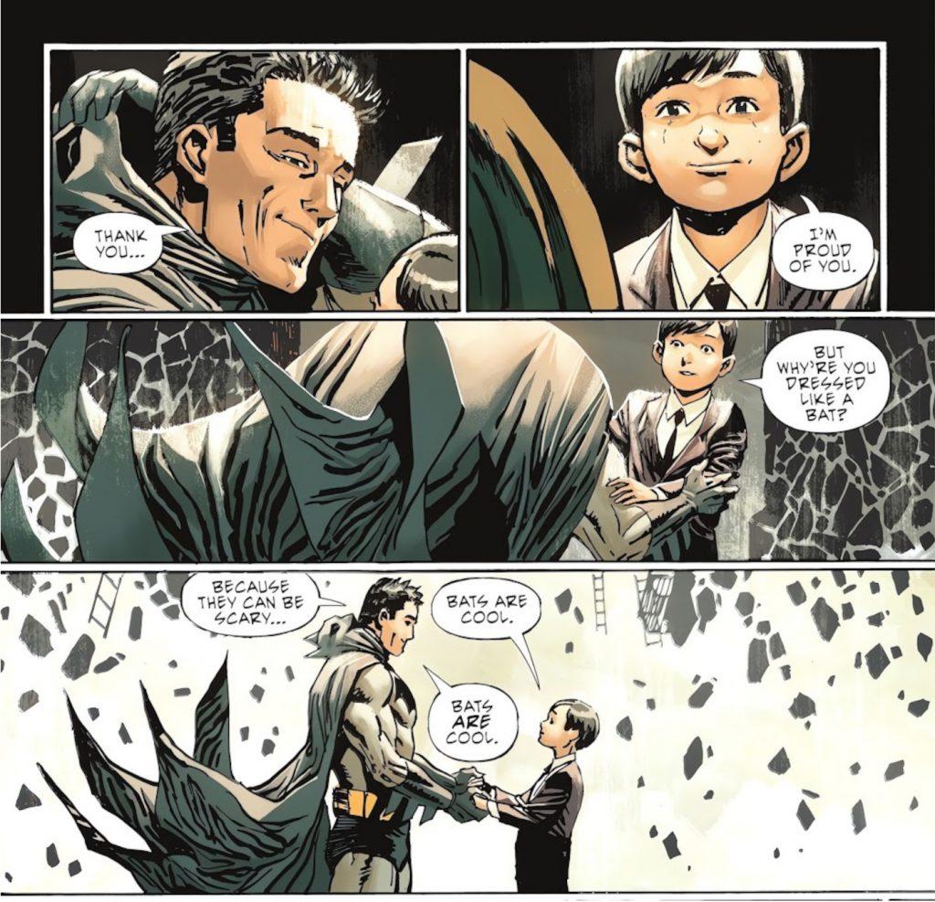 Young Bruce Wayne and Batman speak to each other. 