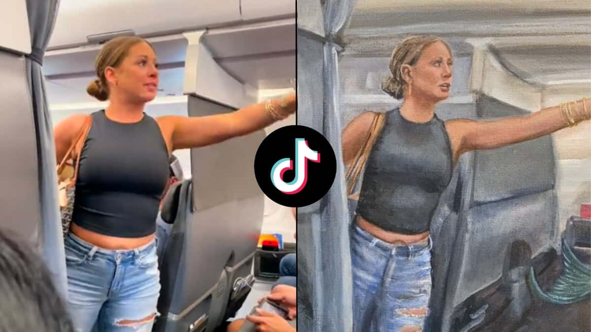 Side by side of woman stadning on plane shouting in real life and in painting