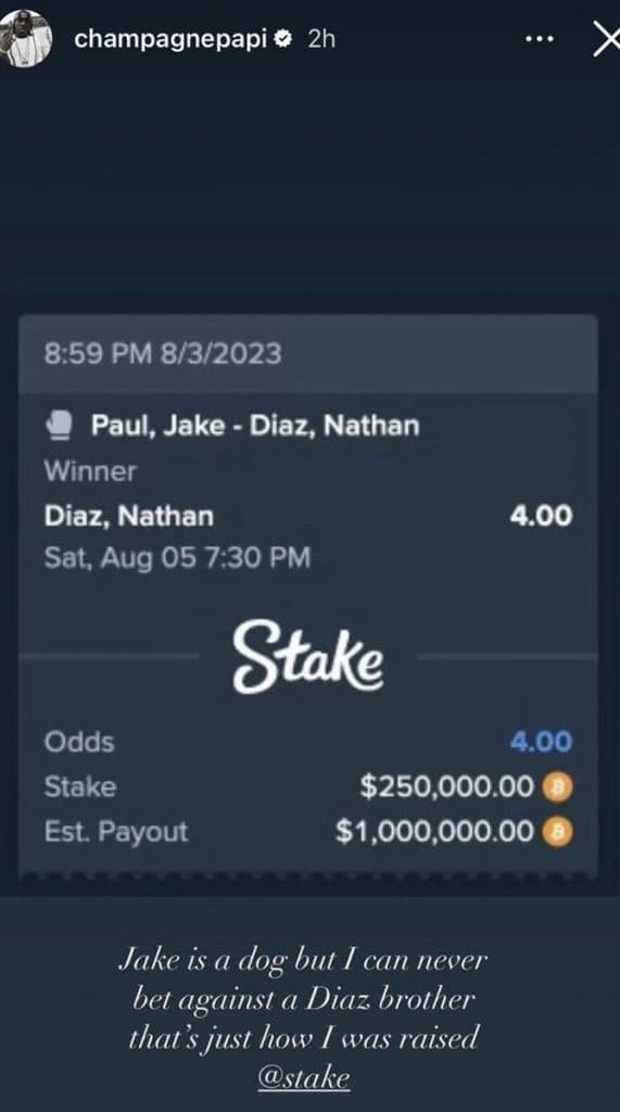 A screenshot of Drake's Instagram story showing a $250k bet on Jake Paul vs Nate Diaz.