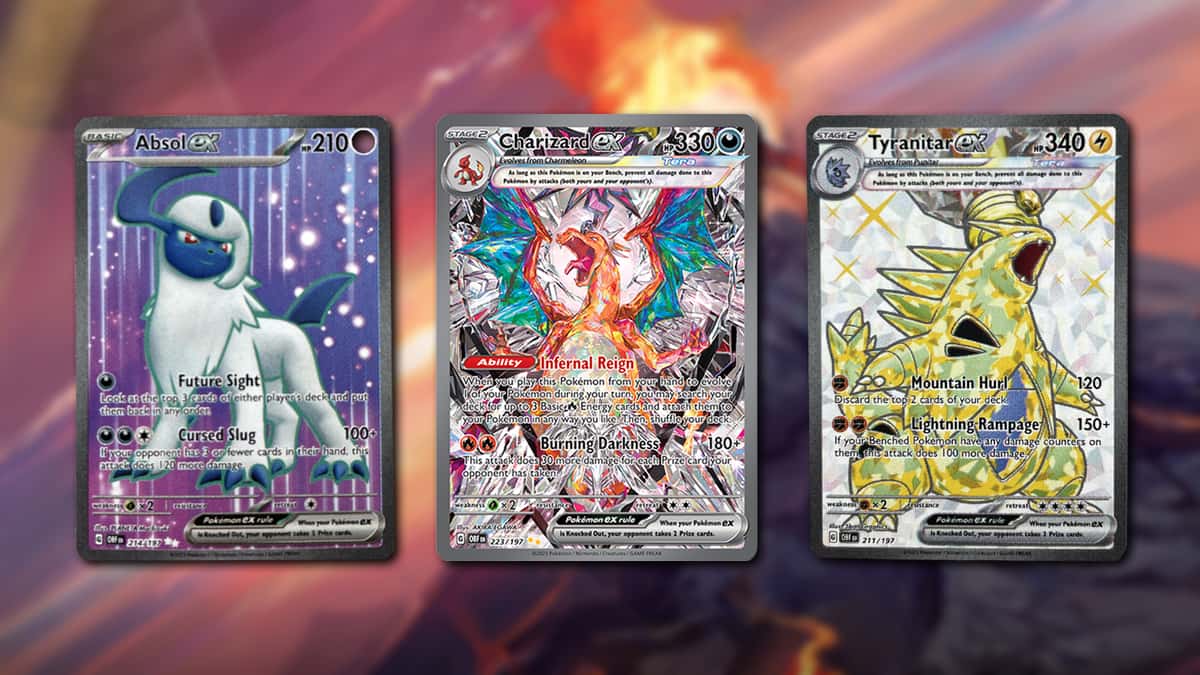 Absol, Charizard, and Tyranitar cards from Obsidian Flames Pokemon TCG