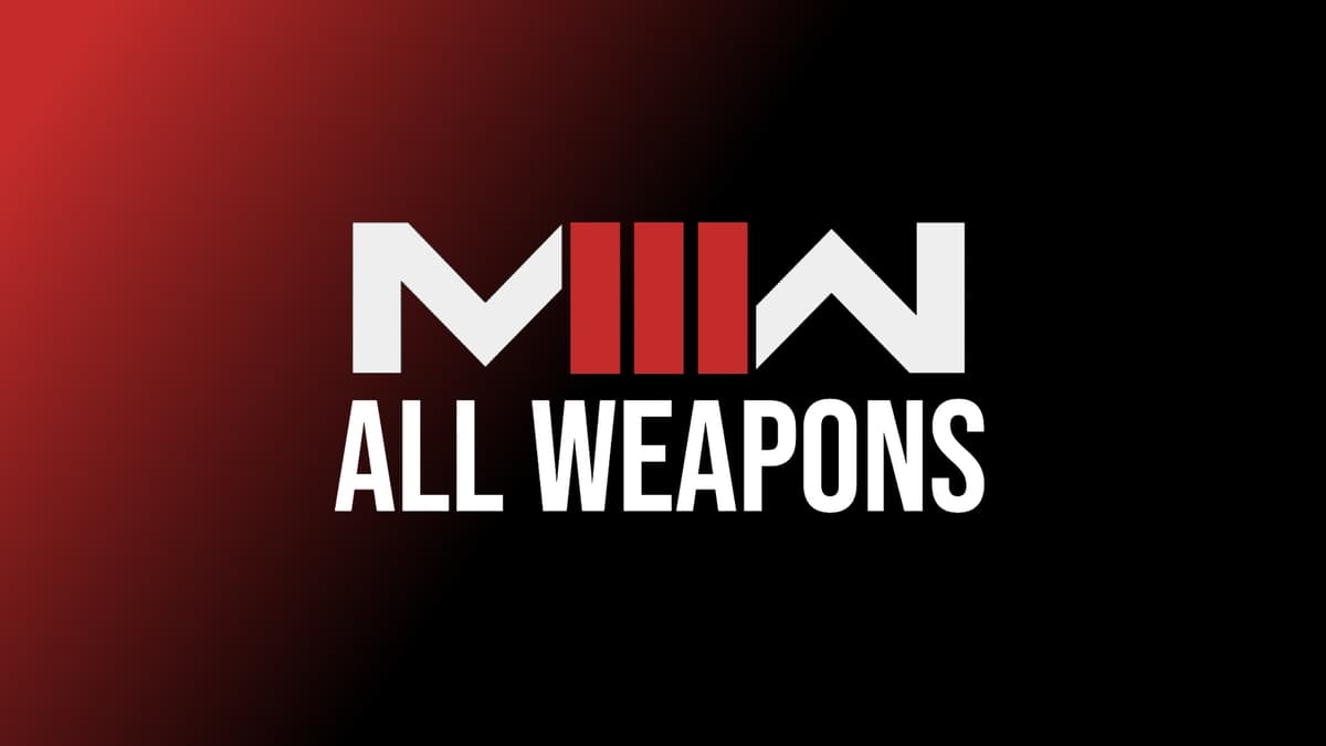 modern warfare 3 2023 logo with 'all weapons' text on gradient red and black background