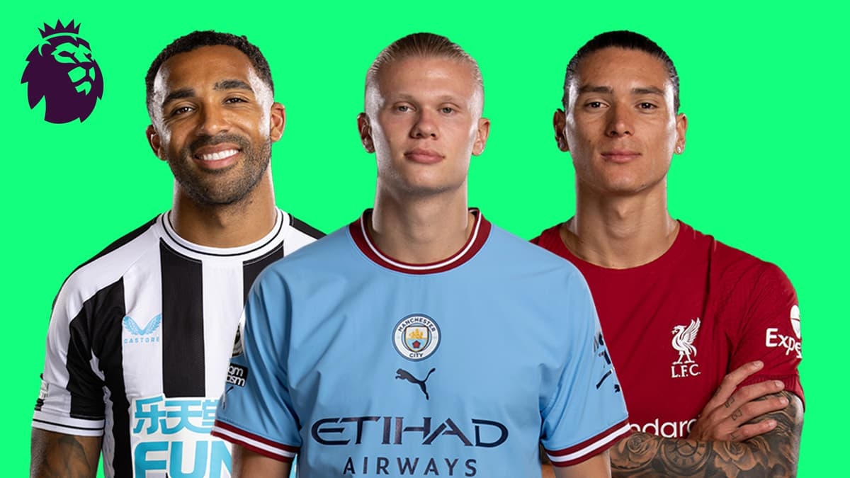 Callum Wilson, Erling Haaland and Darwin Nunez with green background and Premier League lion logo