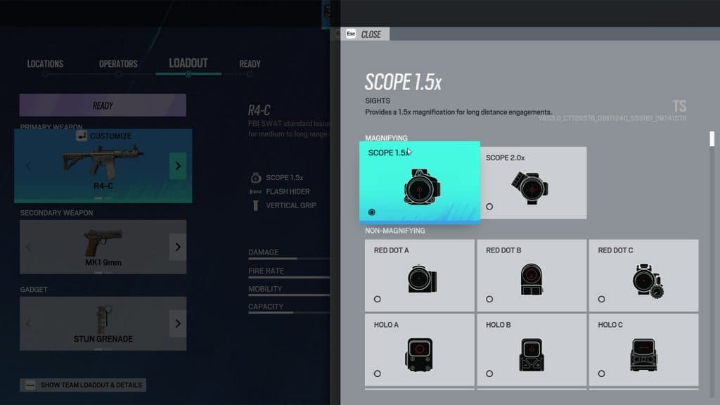 an image of all available scopes and sights for Ram's R4C in Rainbow Six Siege