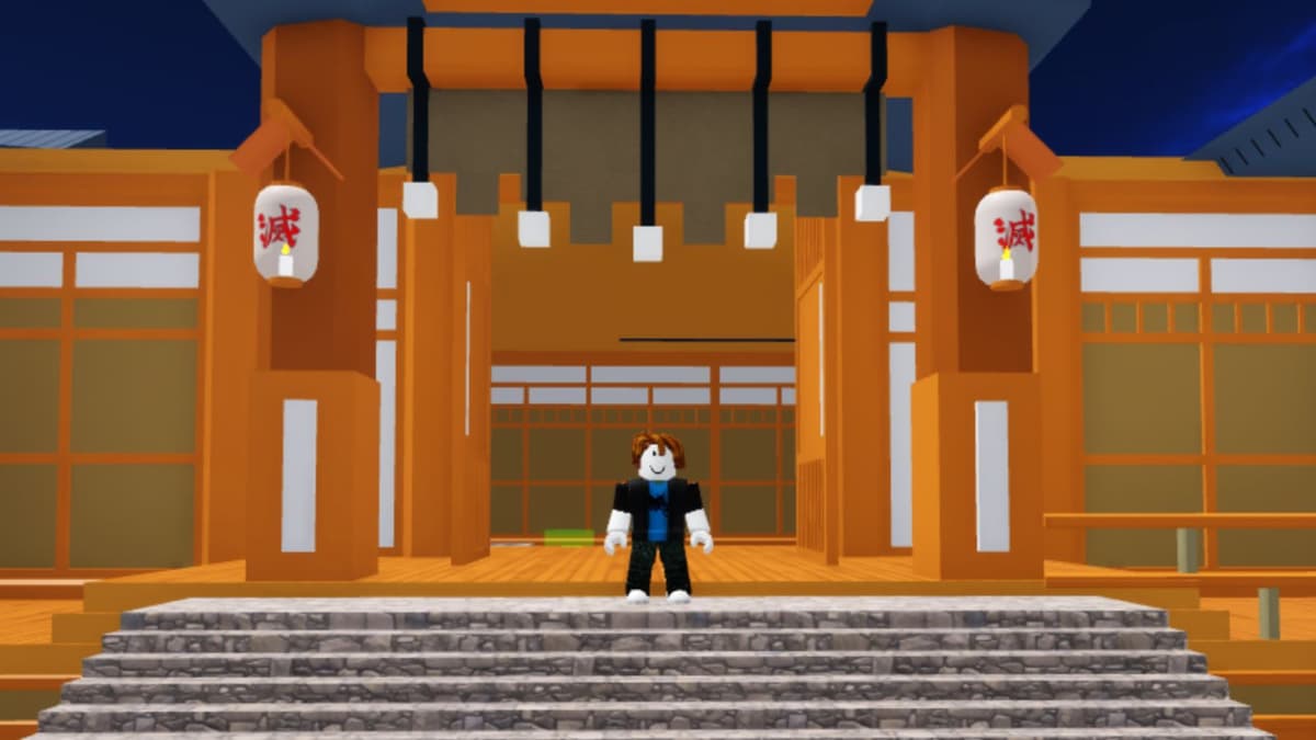 Player standing outside tycoon residence in Demon Slayer War Tycoon codes.