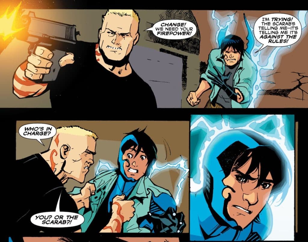 Peacemaker serves as a reluctant mentor to Blue Beetle. 