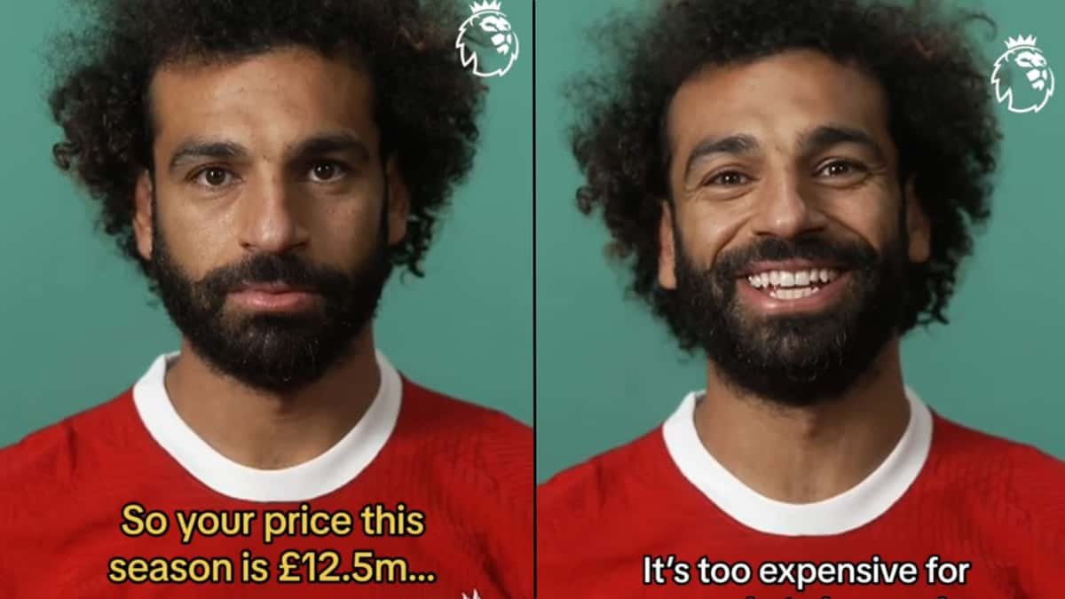 Mo Salah in red liverpool shirt talking to camera