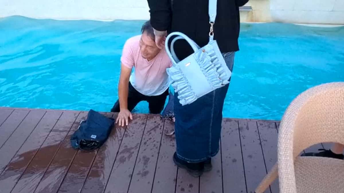 Man ends up in pool after getting distracted by IRL Twitch streamer