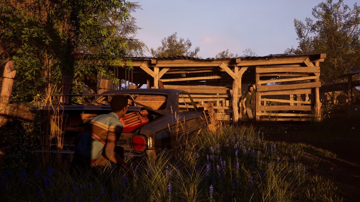 A screenshot from The Texas Chain Saw Massacre game featuring a victim hiding from a killer.