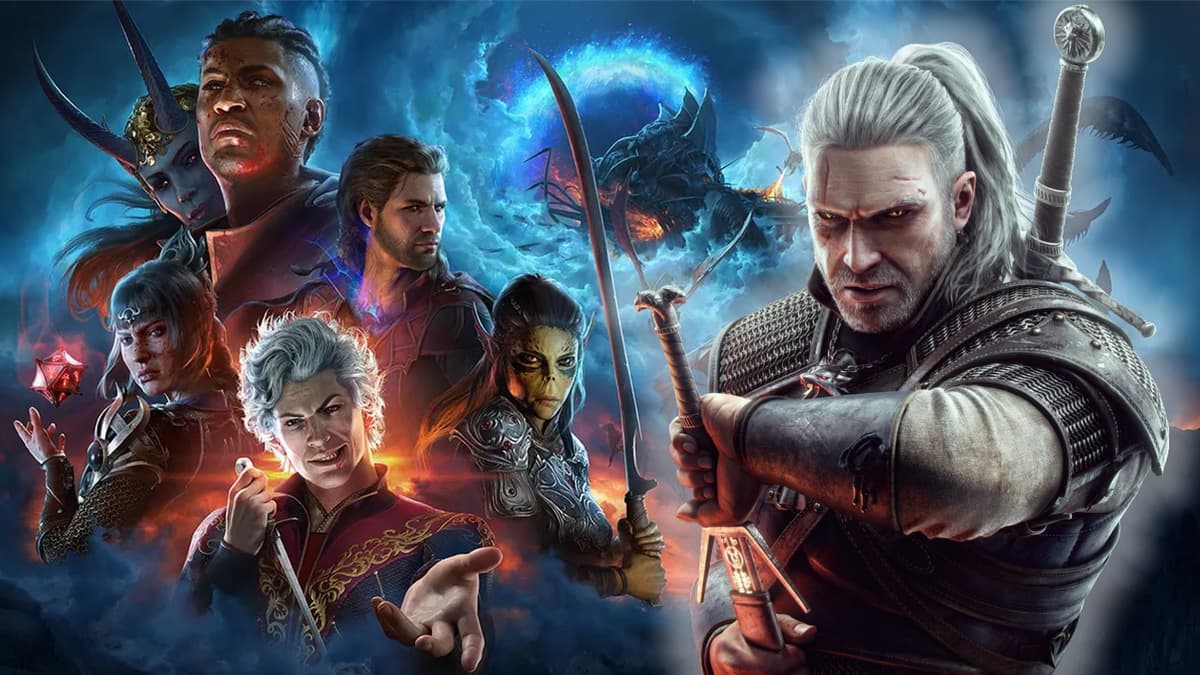 Geralt of Rivia and Baldur's Gate 3 key art