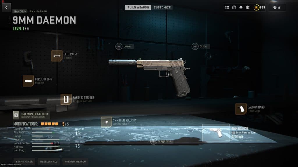 Daemon 9mm pistol loadout for Modern Warfare 2 Season 5 Reloaded.