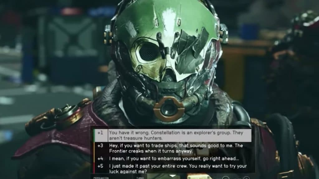 An image of NPC dialogue options with persuasion in Starfield.