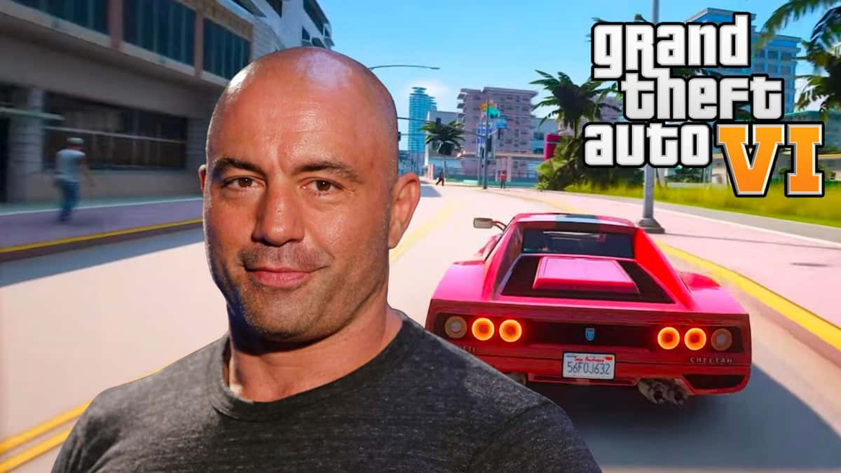 Joe Rogan next to red sports car and GTA 6 logo