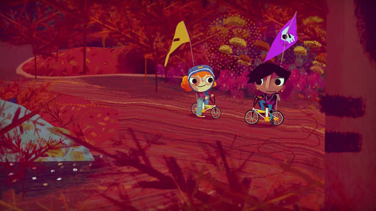 An image of Knights and Bikes gameplay featuring the main characters on their bikes.