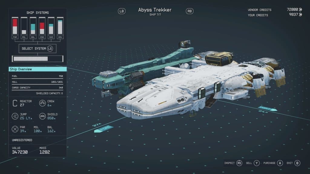 A screenshot of the Abyss Trekker ship and it's stats.