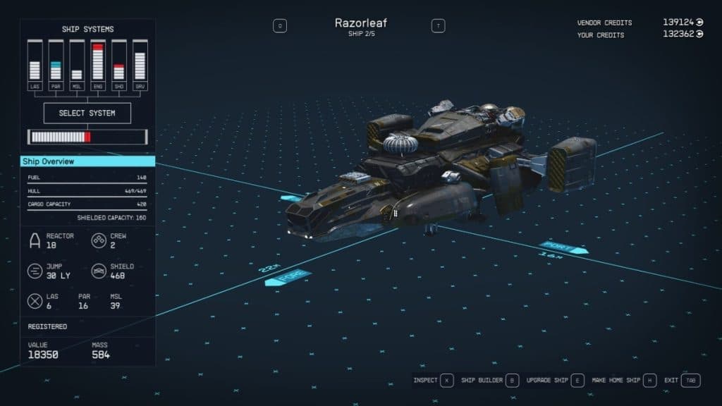 A screenshot of the Razorleaf ship and it's stats in Starfield.