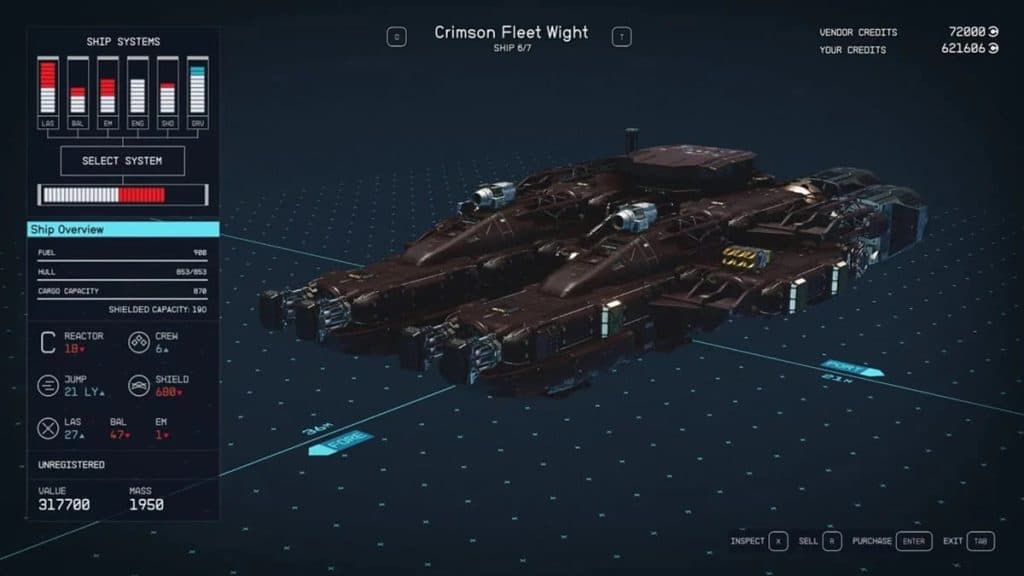 A screenshot of the Crimson Fleet Wight and it's stats in Starfield.