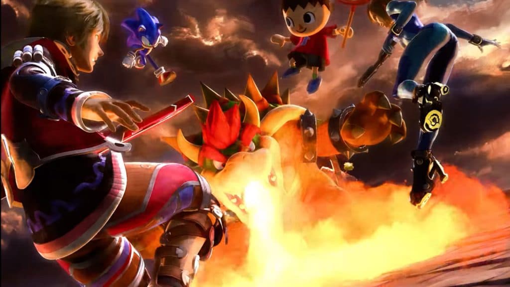 smash ultimate sonic fights bowser, zero suit samus, villager