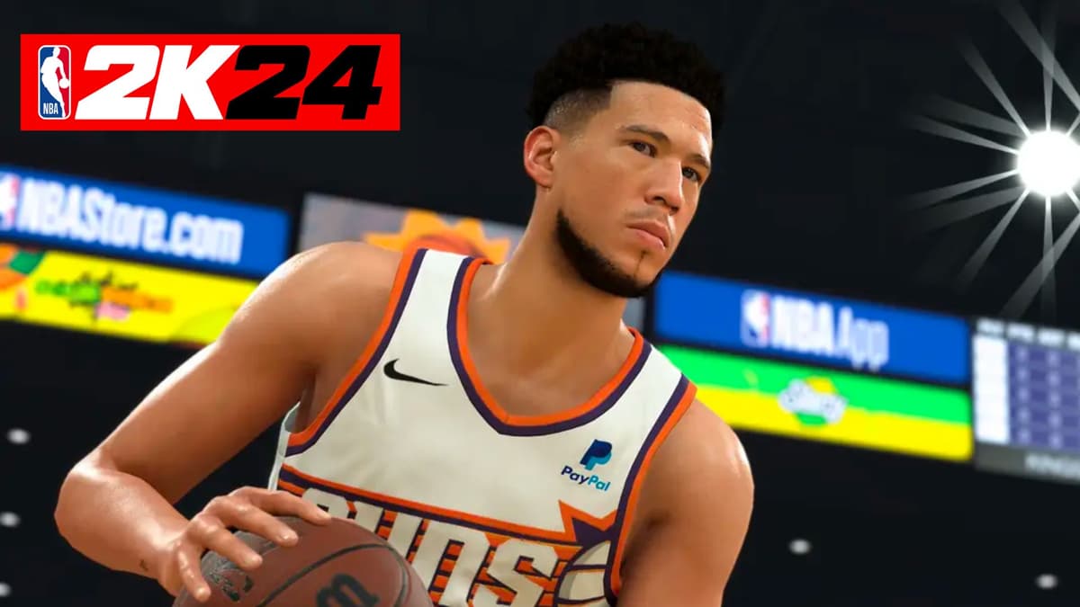 Devin Booker in NBA 2K24 holding basketball in white Phoenix Suns jersey