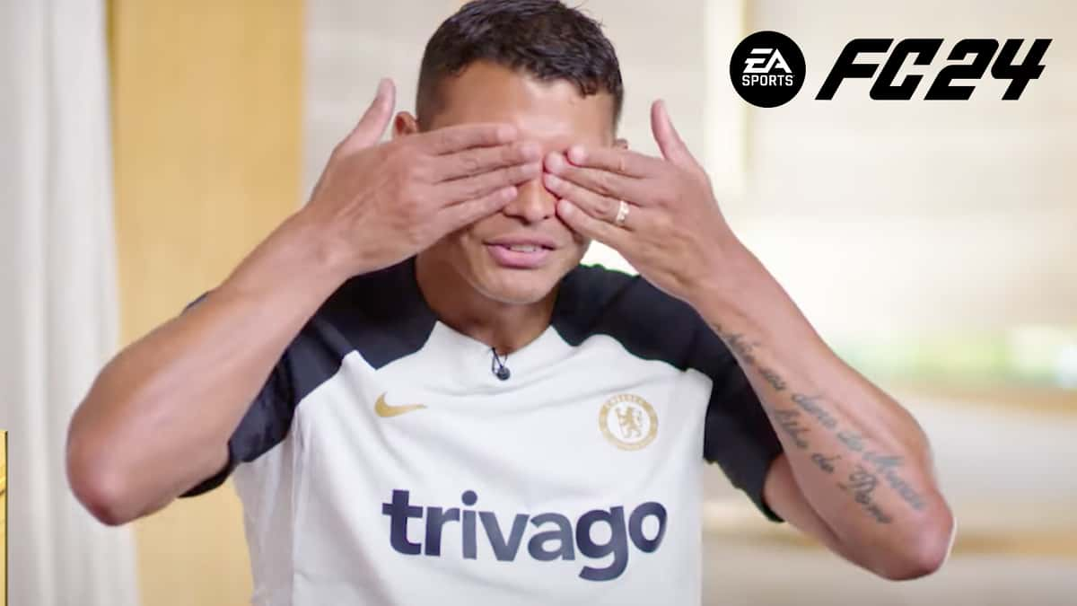 Thiago Silva covering eyes with EA FC 24 logo in top right corner