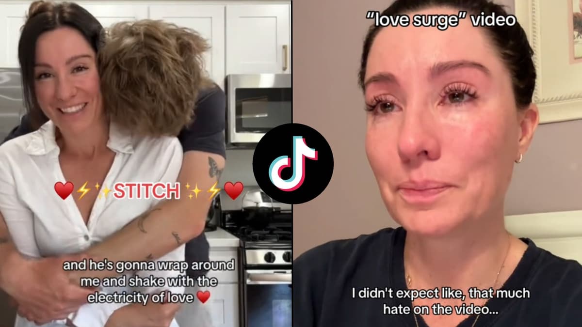 Screenshots of woman hugging man and crying next to TikTok logo