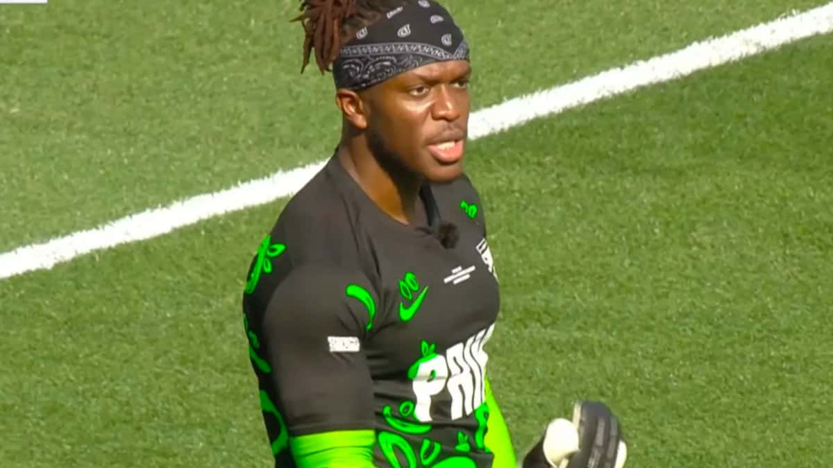 KSI in black and green goalkeeper kit in sidemen charity match