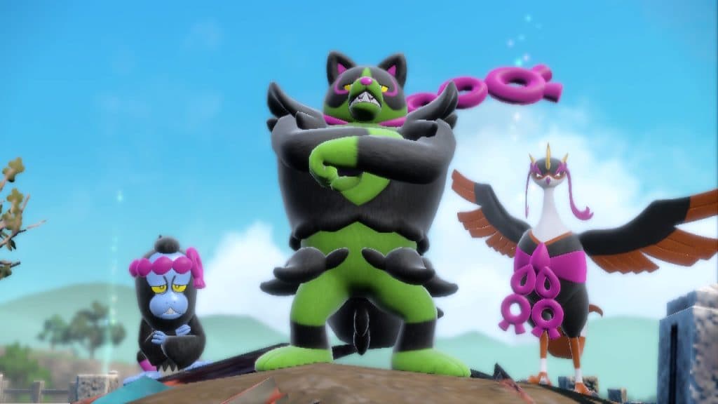 The Loyal Three, Okidogi, Munkidori, and Fezandipiti, in Pokemon Scarlet and Violet's Teal Mask DLC.