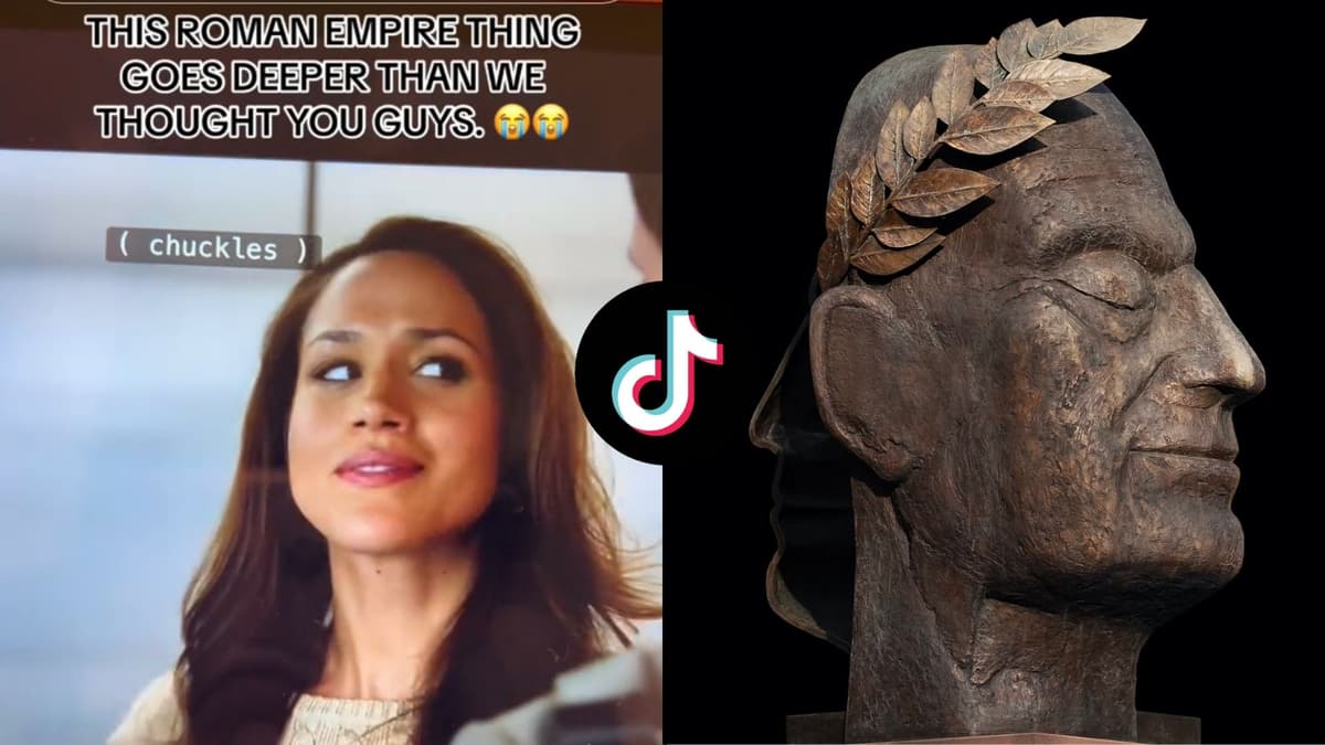 Screenshot of Meghan Markle in Suits alongside broze statue of Julius Cesar