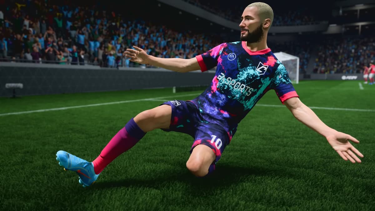 EA FC 24 bald player sliding celebration after scoring goal in Clubs.