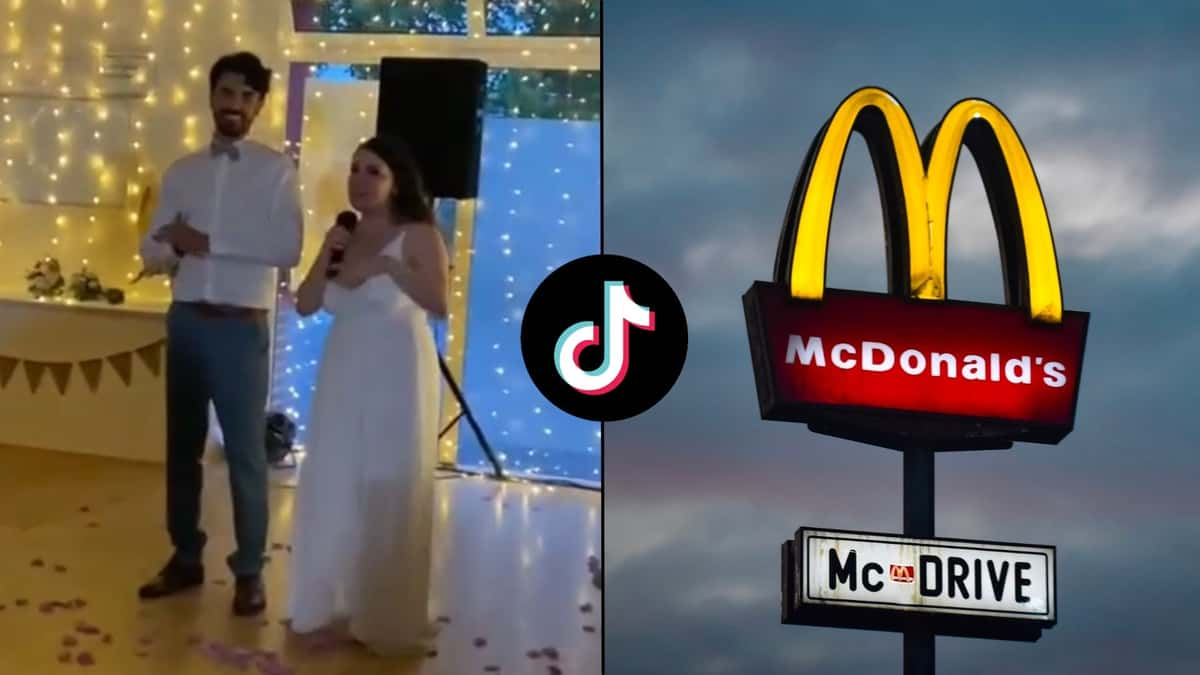 Couple at wedding alongiside mcdonalds sign