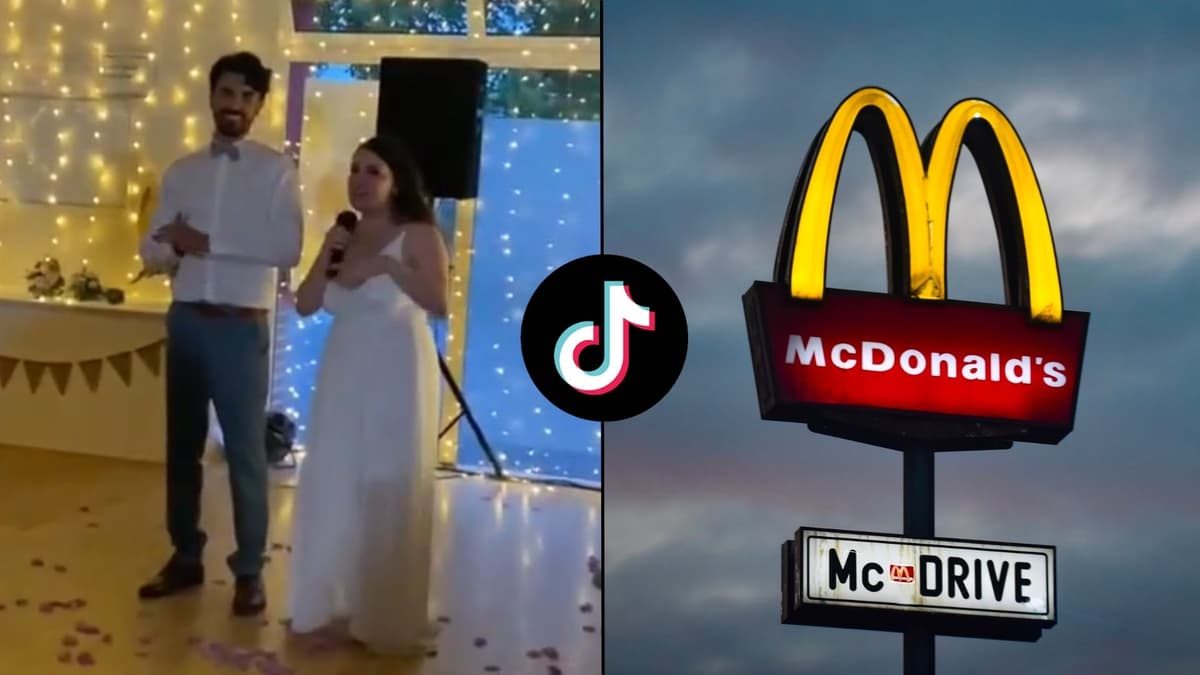 Couple at wedding alongiside mcdonalds sign