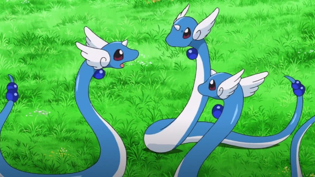 Three Dragonair about to evolve in Pokemon Journeys anime.