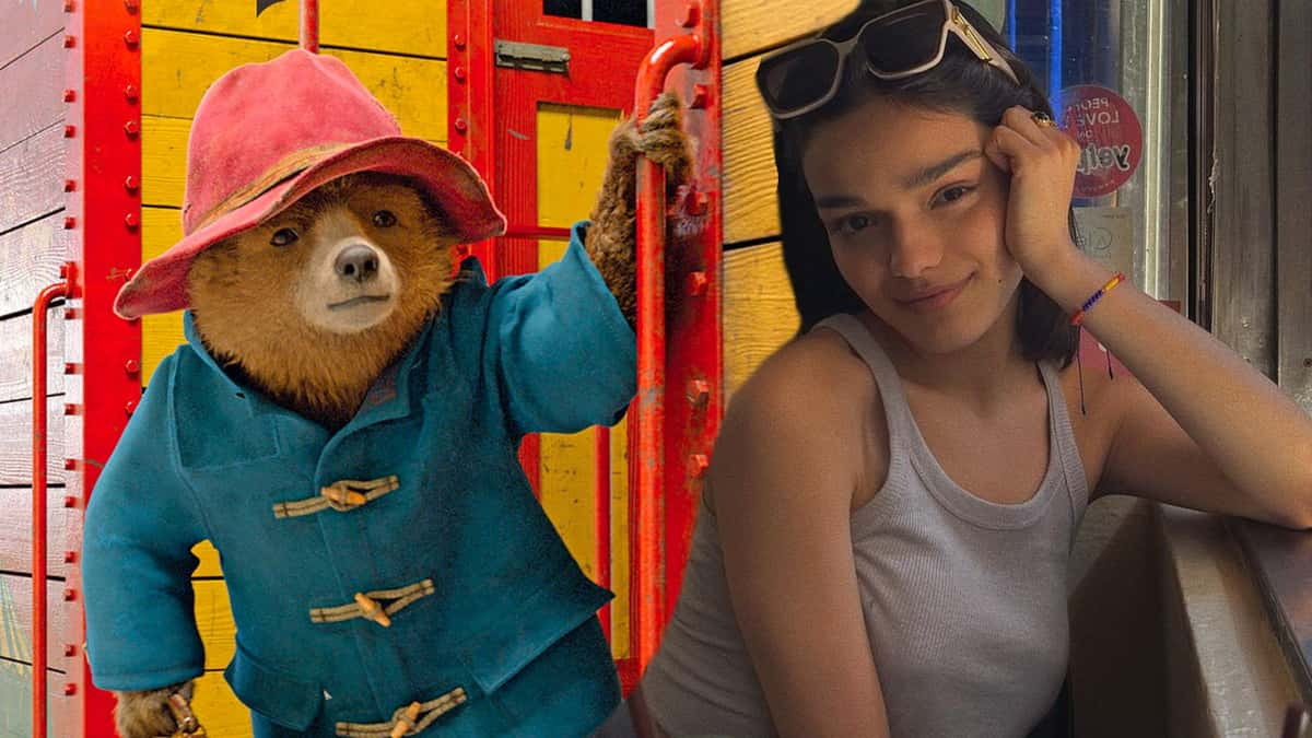 Still from Paddington 2 and image of Rachel Zegler