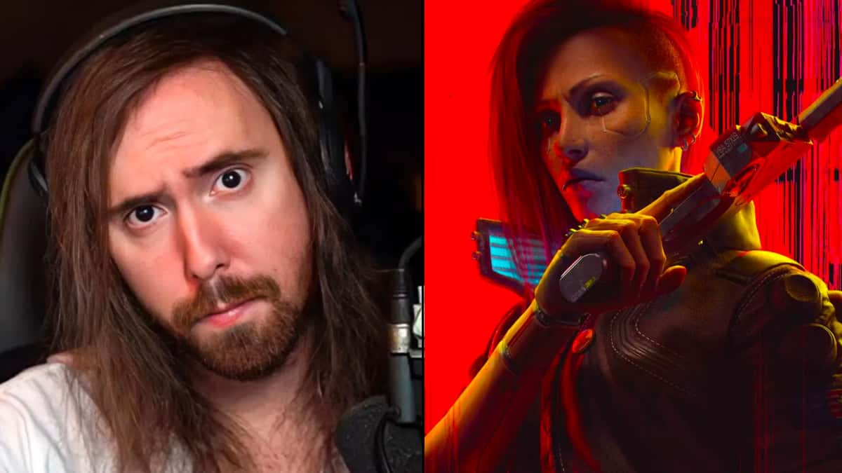 Asmongold looking at camera next to Cyberpunk 2077 Phantom Liberty poster