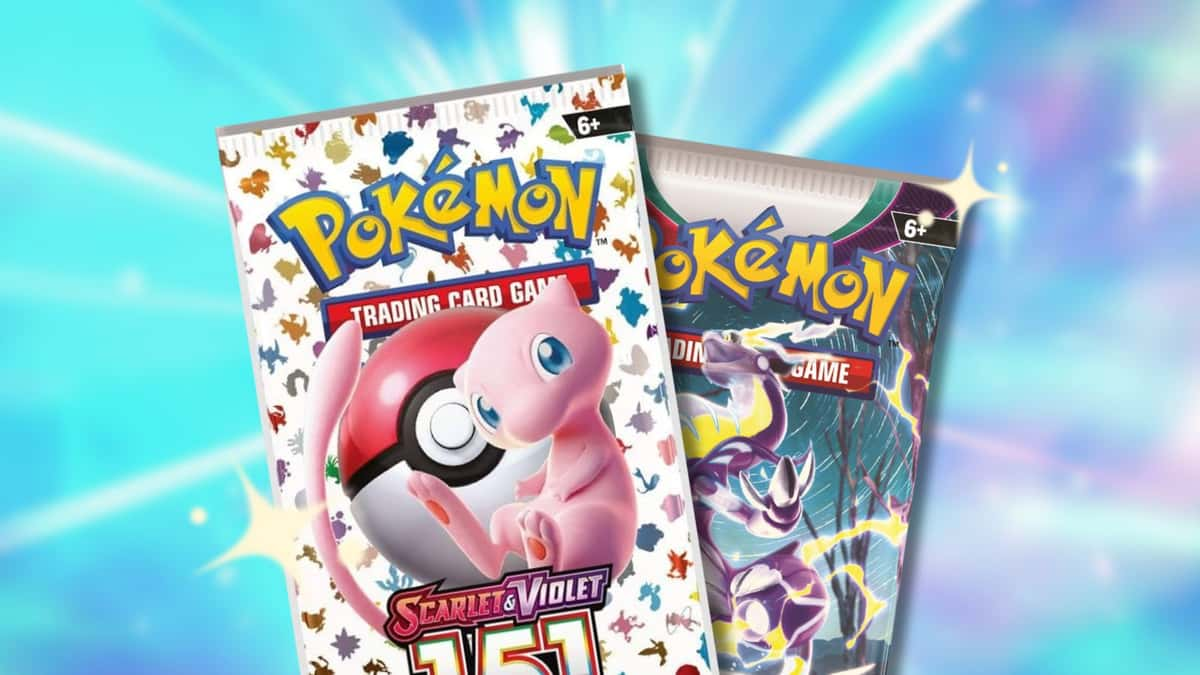 Pokemon 151 and Scarlet & Violet Booster Packs with Pokemon game background and sparkles.