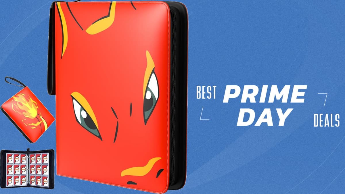 Pokemon TCG Binder on blue background with Prime Day deals lettering