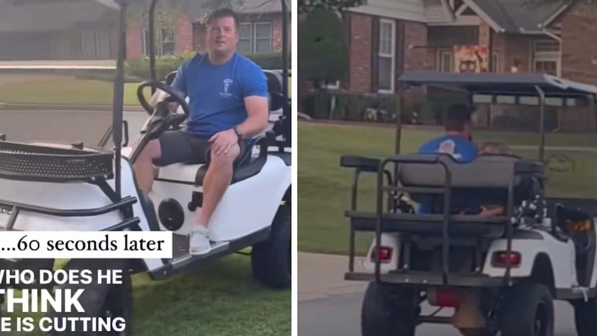 dad drops his daughter off to school in golf cart and avoids lines