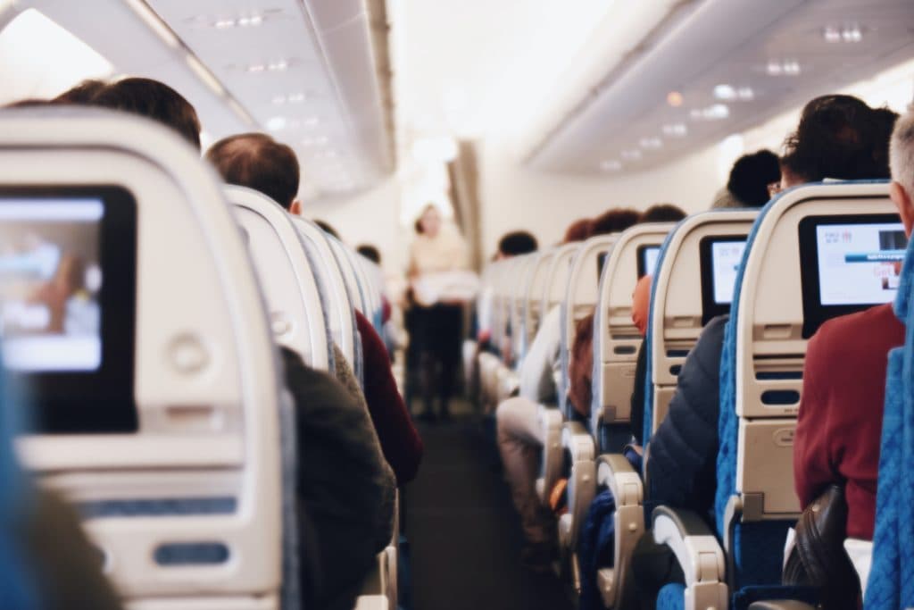 The inside of an airplane.