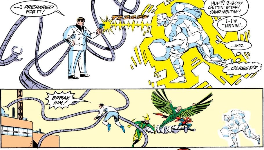 Doctor Octopus turns Sandman into glass.