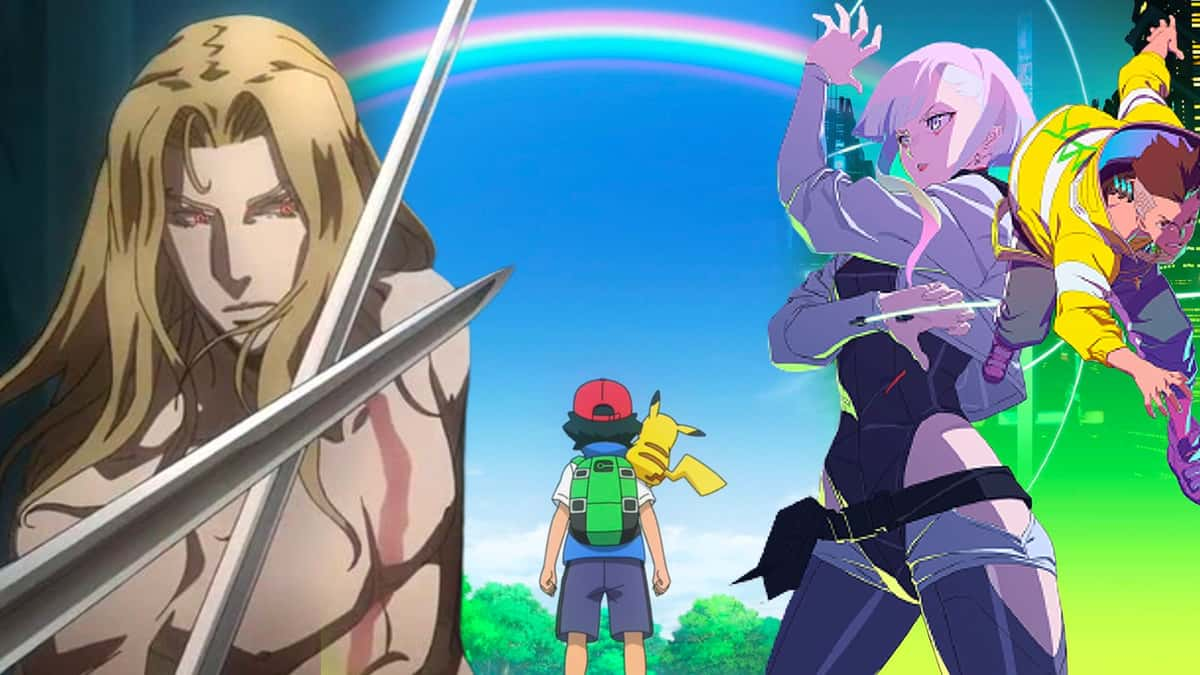 Stills from Castlevania, Pokemon, and Cyberpunk: Edgerunners