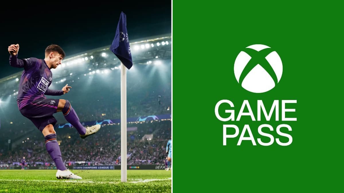 Football Manager 2024 promo art (left) next to official Xbox Game Pass logo (right).