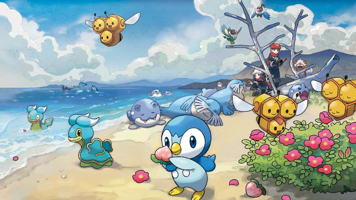 Promotional illustrated artwork for Pokémon Legend: Arceus shows several Pokémon - inclduing Piplup, Combee, and Spheal - all relaxing and exploring a beach