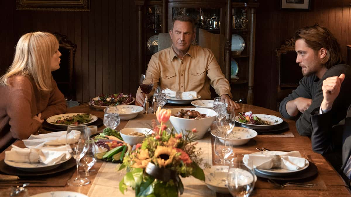 Kelly Reilly, Kevin Costner, and Luke Grimes as Beth, John, and Kayce Dutton