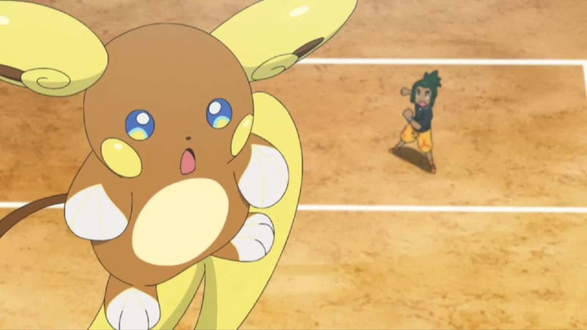 Alolan Raichu soars through the air during battle