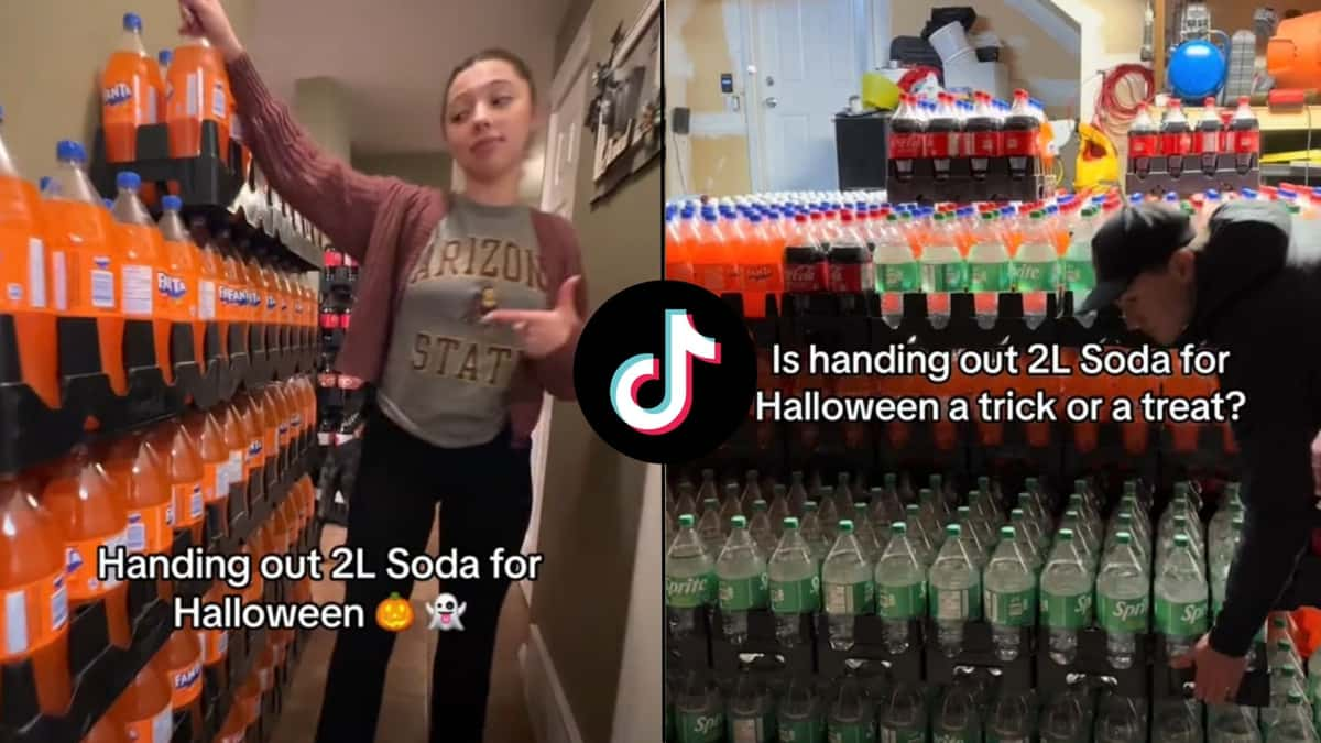 Woman standing around pallets of soda bottles with halloween text on-screen